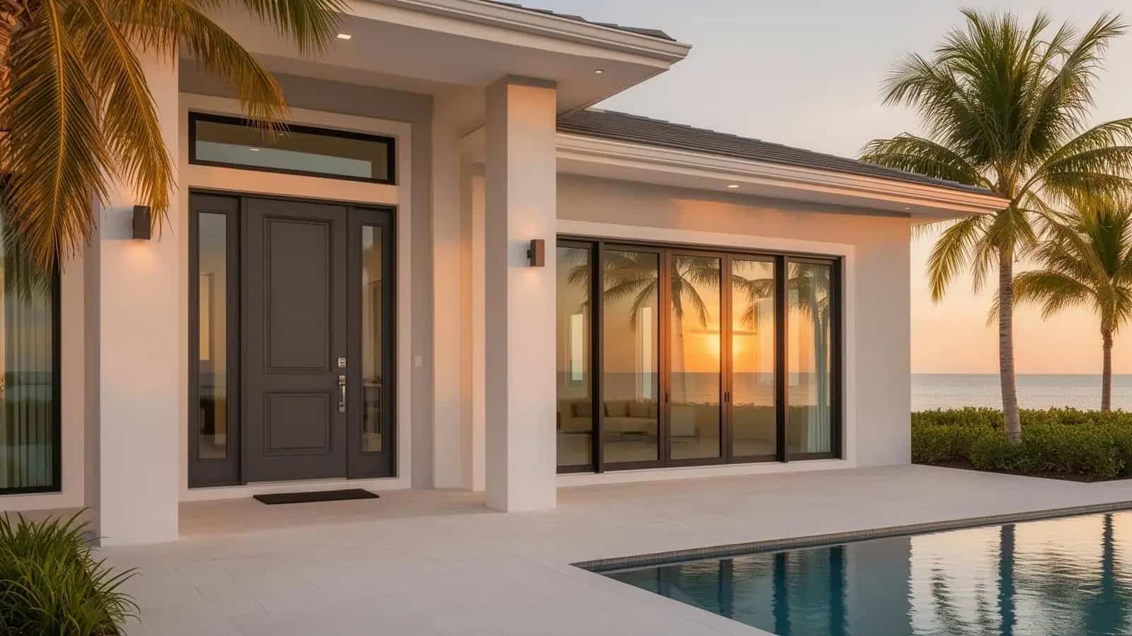South Florida home with impact entry door and sliding glass doors at golden hour