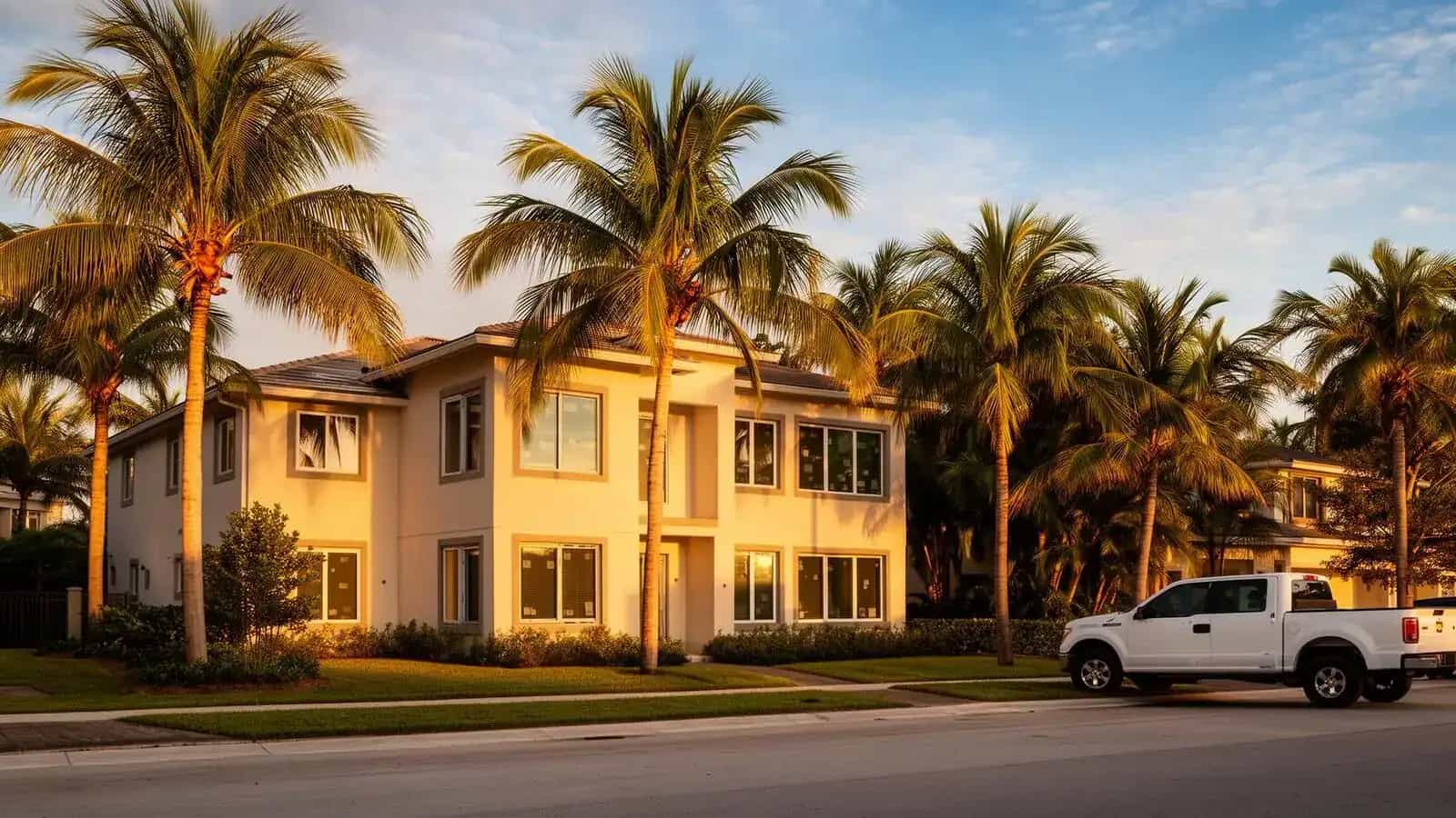 South Florida residential street with installed impact windows at golden hour